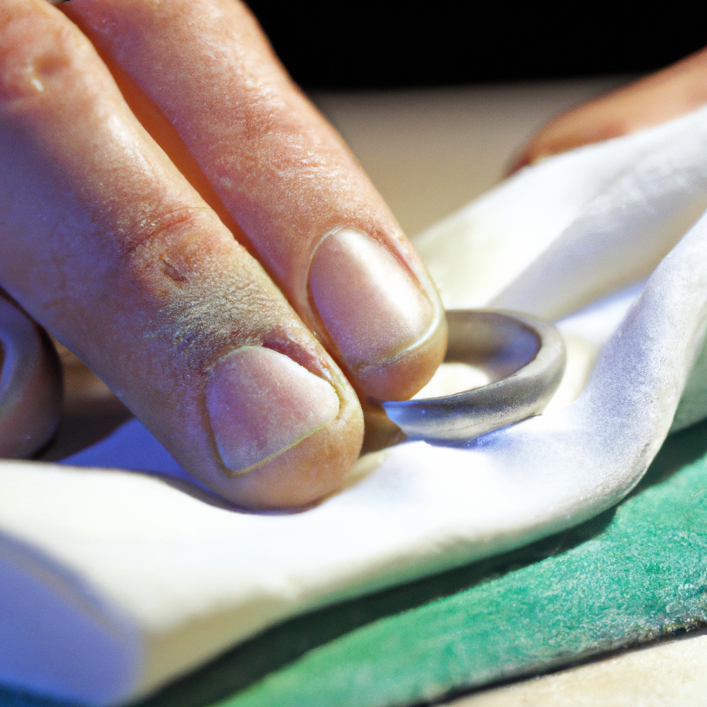 Macro shot of a silver ring being polished with a microfiber cloth on a workbench, highlighting artisanal craftsmanship